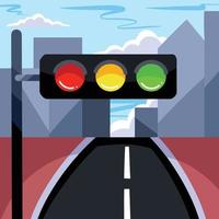 Traffic equal saturation red yellow and green colored light with red brown road and city landscape background. Blue sky with clouds backdrop. Simple cartoon flat colored art style isolated. vector