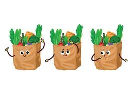 Sets of three groceries paper bag character mascot vector illustration isolated on white background. Cartoon comic cute kawaii character artwork with simple flat style.