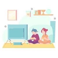 hermanos y hermanas se divierten jugando juegos de consola. jugando consola de juegos en la sala de estar. ilustración vectorial plana. vector