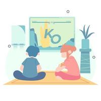 Brothers and sisters are having fun playing console games. Playing game console in living room. flat vector illustration.