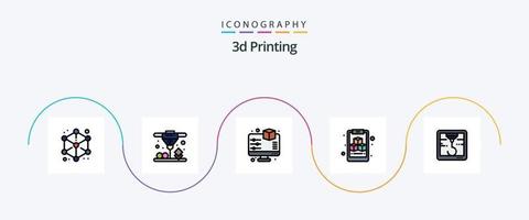 La línea de impresión 3d llenó el paquete de iconos planos 5 que incluye el corvejón. pantalla 3d geométrico. portapapeles vector