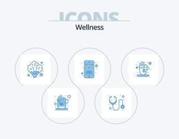 paquete de iconos azules de bienestar 5 diseño de iconos. caliente. receta brócoli. teléfono. médico vector