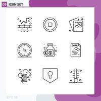 paquete de 9 signos y símbolos de contornos modernos para medios de impresión web, como elementos de diseño de vectores editables de indicador de moneda de imagen de tarro de ahorro