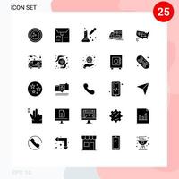 Group of 25 Modern Solid Glyphs Set for map gooods chemical test delivery scientific research Editable Vector Design Elements