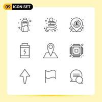 9 Universal Outline Signs Symbols of map contact lend power battery Editable Vector Design Elements