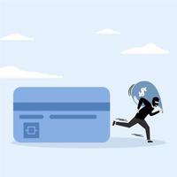 thief with dark black robbery walking with big bag with dollar sign money sign from credit card online payment. Credit card online hacking, online hacking or financial robbery concept. vector