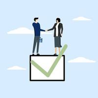 accountability or engagement concept, businessman handshake on completed checkbox. Commitment, agreement to deliver or complete work, leadership skills or belief in job responsibilities. vector