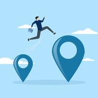 the entrepreneur jumps from map navigation pins to a new relocation metaphor. Business relocation, moving office to a new address or transferring to a new location concept. vector