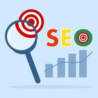 seo, concepto de clasificación de optimización de motores de búsqueda, flecha que apunta a una lupa con las letras seo abreviadas, idea para promover el tráfico al sitio web vector