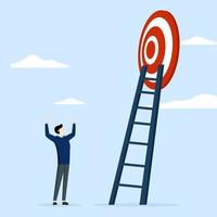 Employees express joy after finding the path to the goal. Stairway to success, Stairway to Red target, business target bullseye, Flat Design illustration. vector