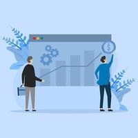 businessman investing money in stock market. Explore financial graphs, charts, and analyze charts and other data. Stock trading concept. flat cartoon vector illustration.