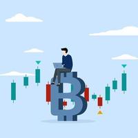 businessman investor using computer to trade crypto in big Bitcoin with candlestick price chart chart, Bitcoin and cryptocurrency investment, crypto trading make profit and income from Bitcoin price. vector