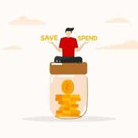 People hesitate to sit on savings balance options save or spend. Money decision, save or spend, choose to invest or pay off debt concept, financial options when receiving bonus or extra money. vector