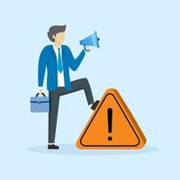 businessman announces in megaphone with attention exclamation mark. Important announcement, attention or warning information, alert and alert concept, breaking news or urgent message communication. vector