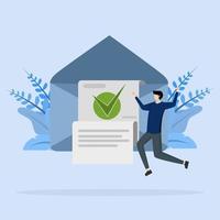 male character with checkmarked document in envelope. Concept of confirmation, letter of acceptance or approval, verification. Modern flat vector illustration for web page.