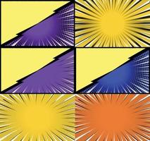 Comic book colorful frames background with halftone rays radial and dotted effects pop art style vector