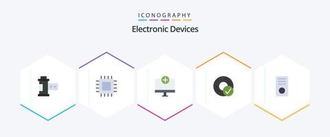 paquete de iconos planos de 25 dispositivos que incluye disco. conectado. hardware. ordenadores. artilugio vector