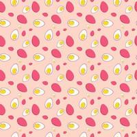 Halved pink boiled eggs seamless pattern. Vector illustration on a white background
