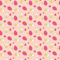 Halved pink boiled eggs seamless pattern. Vector illustration on a white background