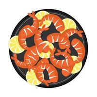 Icon of shrimps with lemon on a plate. Top view. Restaurant dish. Seafood. Image of prawn. Vector illustration