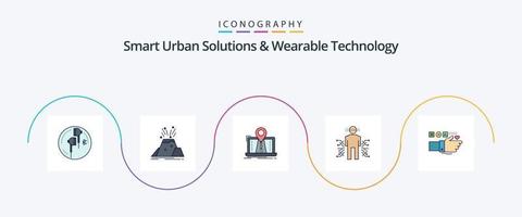 soluciones urbanas inteligentes y línea de tecnología portátil llena de paquete de iconos planos 5 que incluye datos. sensor. alerta. ruta. sistema vector