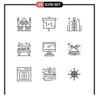 Pack of 9 Modern Outlines Signs and Symbols for Web Print Media such as device interior study desk thanksgiving Editable Vector Design Elements