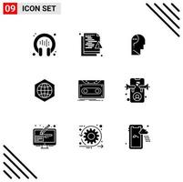 Mobile Interface Solid Glyph Set of 9 Pictograms of cassette globe security global question Editable Vector Design Elements