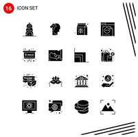 Pack of 16 Modern Solid Glyphs Signs and Symbols for Web Print Media such as physics formula emc food board programming Editable Vector Design Elements