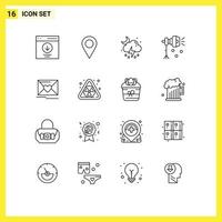 Pack of 16 creative Outlines of mail spotlight storm lightning illumination Editable Vector Design Elements