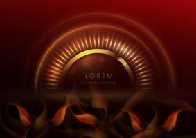 3D gold circle on dark red background with lighting effect and space for text. Luxury design style. vector