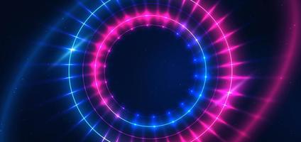 Abstract technology futuristic neon circle glowing blue and pink  light lines with speed motion blur effect on dark blue background. vector