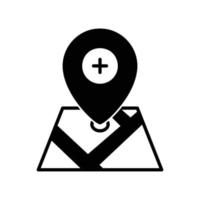 Hospital or healthcare clinic location map icon with location pin in black solid style vector