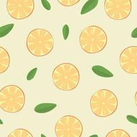 Seamless pattern with orange halves and leaves on a light background in vector