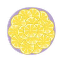 Vector image of a lemon sliced into round slices on a purple plate