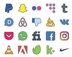 Paquete de 20 íconos de redes sociales que incluye player vlc feedburner instagram fiverr vector