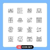 conjunto de 16 iconos de interfaz de usuario modernos símbolos signos para camisa portátil herramientas de dibujo dispositivos de hardware elementos de diseño vectorial editables vector