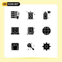 Pack of 9 creative Solid Glyphs of contacts shield eid security paint Editable Vector Design Elements