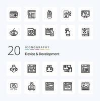 Paquete de iconos de 20 dispositivos y líneas de desarrollo como monitor de educación tostadas de navegador web vector