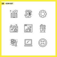 9 User Interface Outline Pack of modern Signs and Symbols of up like internet globe web Editable Vector Design Elements