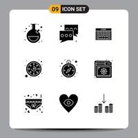 Mobile Interface Solid Glyph Set of 9 Pictograms of navigation compass bar watch clock Editable Vector Design Elements