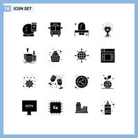 paquete de 16 signos y símbolos de glifos sólidos modernos para medios de impresión web, como elementos de diseño de vectores editables de espejo de trofeo de belleza de premio de copa
