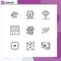 Pack of 9 Modern Outlines Signs and Symbols for Web Print Media such as massage piano tag music signs Editable Vector Design Elements