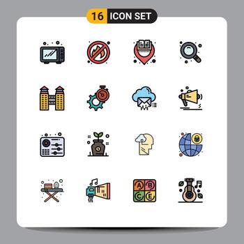 User Interface Pack of 16 Basic Flat Color Filled Lines of time construction location city find Editable Creative Vector Design Elements