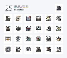 Real Estate 25 Line Filled icon pack including home. real estate. location. board. location vector