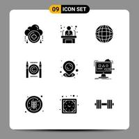 Set of 9 Vector Solid Glyphs on Grid for streamline map globe digital conflict Editable Vector Design Elements