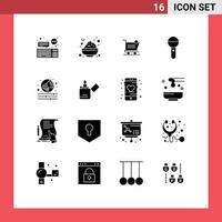 Modern Set of 16 Solid Glyphs Pictograph of sound microphone cart mic store Editable Vector Design Elements