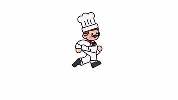 tekenfilm karakter chef in wit uniform en bakker hoed lopend. grappig rennen actie kok-man animatie.