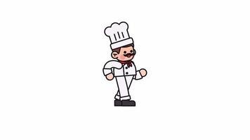 chef de dibujos animados con uniforme blanco y sombrero de panadero caminando. Animación de hombre cocinero de paseo feliz. video