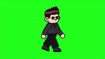 Young businessman Cartoon walks cycle animation with green background. Suit boy walking looped animate video