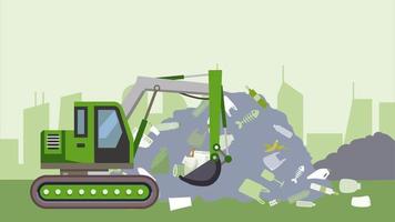 Excavator for the disposal waste.Backhoe working on garbage dump at landfill Animation.ECO motion graphic concept video